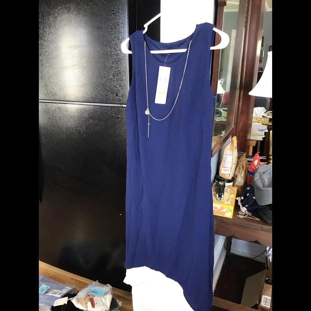 R & k midi dress from jcpenny, navy, small, new, shear hi low bottom, necklace